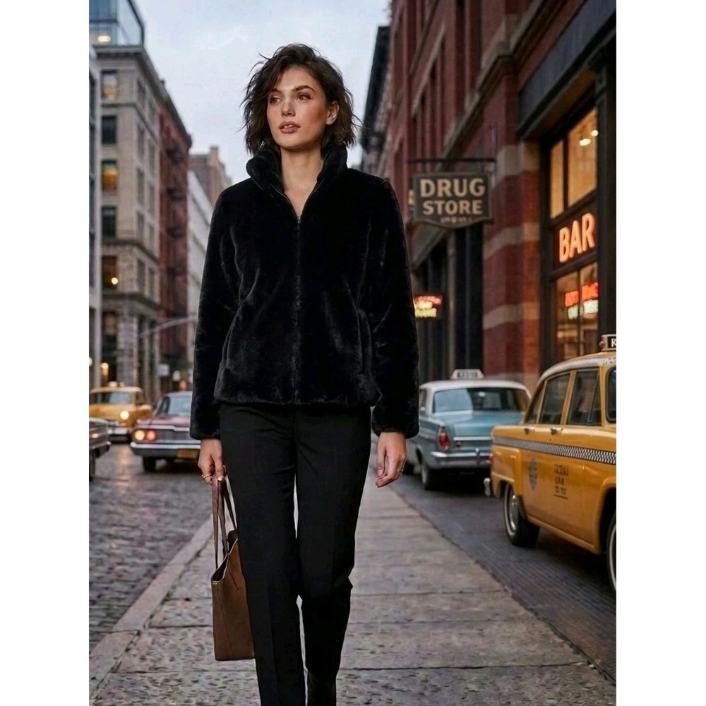 Vintage 60s 100% Rabbit Fur Black Coat Lined Hook/Eye Closure Womens Size Large